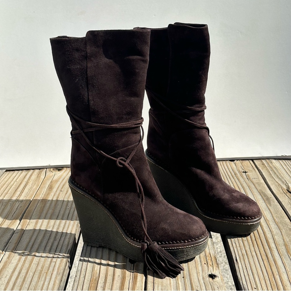 platform Boots Vegan Suede size 38 1/2 Sz 8 Women’s brown tassel shoes